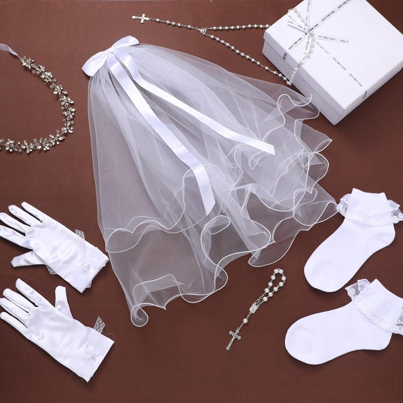 Funtery 6 Pcs First Communion Veils Girls Catholic Set 1st Communion Wreath Veil Headpiece Sock Necklace Bracelet Kid Wedding - Image 5